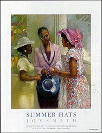 Three women in elegant summer hats chat outdoors.