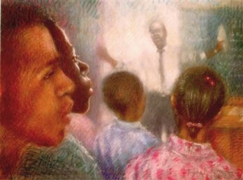 People watching a blurred figure through a misty or rainy window.