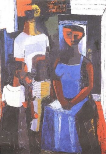 Abstract painting of four figures with bold colors and geometric shapes.