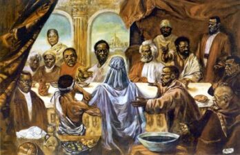 A historical scene of diverse people gathered around a central figure in a flowing cloak.