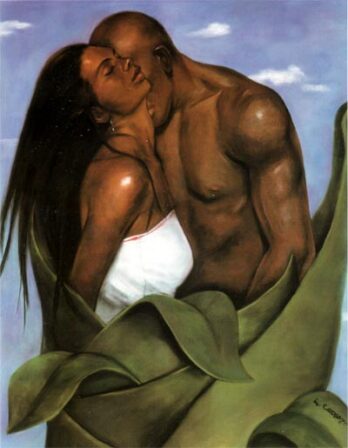 Artistic depiction of an intimate embrace between a couple.
