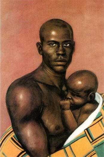 Portrait of a man holding a baby wrapped in a white cloth.