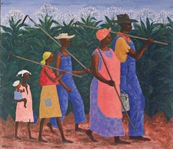 A family of farmers walking through a field with tools.