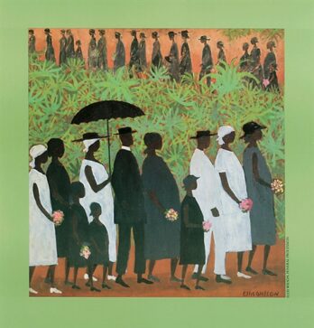 A group of diverse people standing together, some holding an umbrella.