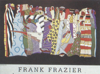 Colorful abstract artwork by Frank Frazier featuring human-like figures.