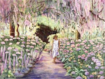 Woman walks through a dreamy garden path surrounded by flowers and hanging vines.