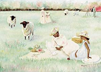 Children playing and resting in a pastoral field with sheep nearby.