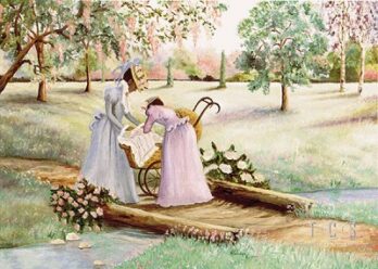Two women in vintage dresses preparing a coffin in a garden.