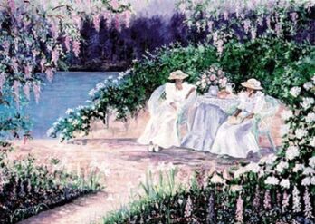 Three women in white dresses sitting by a lake surrounded by flowers and trees.