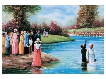 Women in traditional dresses by a river watching a baptism.