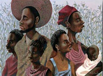 Portrait of five individuals with distinct attire and expressions against a patterned background.