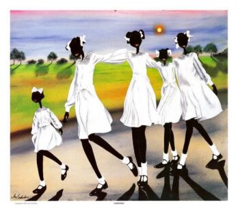 Four girls in white dresses walking near a body of water at sunset.
