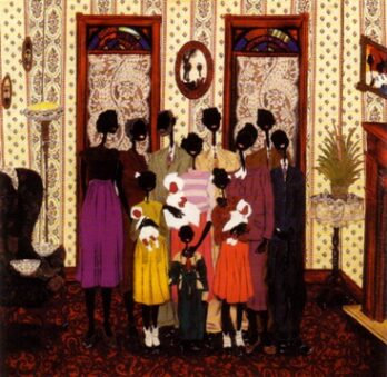 Group of children looking out a window in a vintage room.