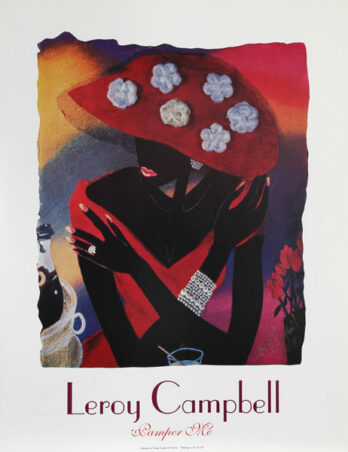Abstract art of a figure with a large red hat adorned with white flowers.