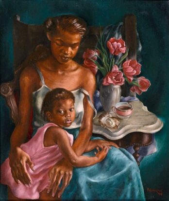 A man and child share a tender moment near a vase of roses.