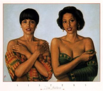 Two women posing with crossed arms, one in a patterned garment and the other in a strapless outfit.