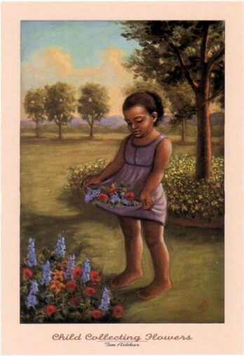 A young girl in a purple dress picking flowers in a garden.