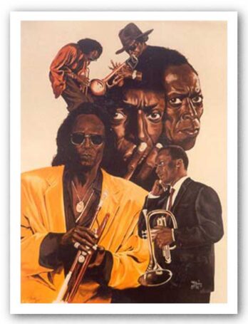 A collage of jazz musicians holding trumpets and saxophones.