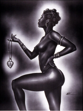 Artistic black-and-white silhouette of a woman holding a heart-shaped pendant.