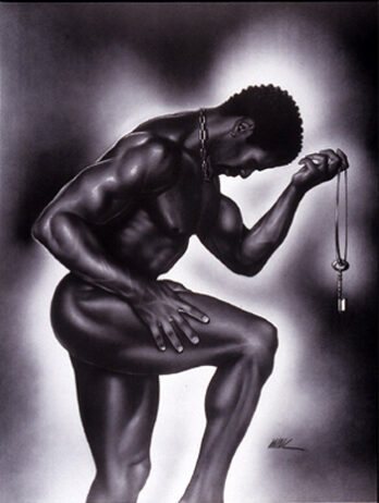 A powerful black-and-white image of a muscular man holding a pendant, deep in thought.