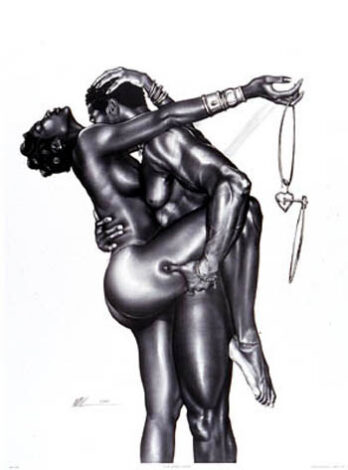 Artistic black and white drawing of an intimate couple embracing passionately.