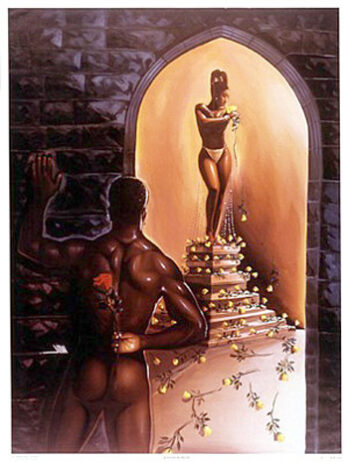A man and woman admiring a golden statue in a dimly lit room.
