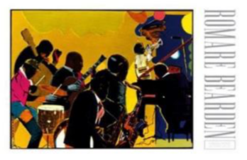 Illustration of a jazz band playing instruments with vibrant colors.