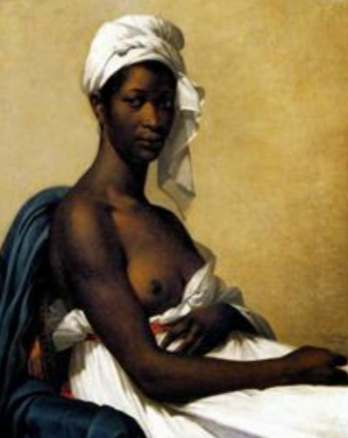 Portrait of a woman with a white headwrap and bare shoulders.