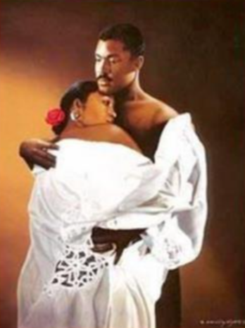 Romantic embrace between a couple wrapped in white fabric.