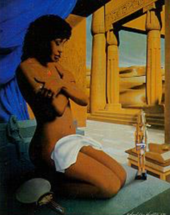 A woman kneeling with a towel in a warmly lit room with columns and desert scenery.