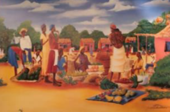 A vibrant market scene with people trading goods outdoors under a partly cloudy sky.