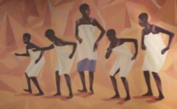 Stylized painting of five women in white wrapped dresses against a warm-toned background.
