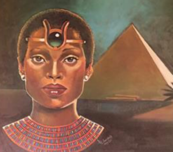 Portrait of an ancient Egyptian figure with pyramids in the background.