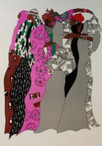 Stylized art of three women in patterned dresses against a plain background.