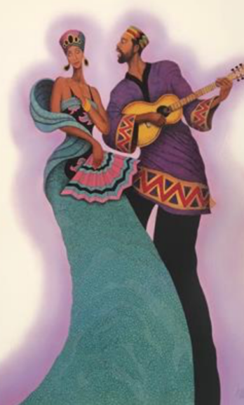 A couple in colorful traditional Mexican attire playing guitar and dancing.