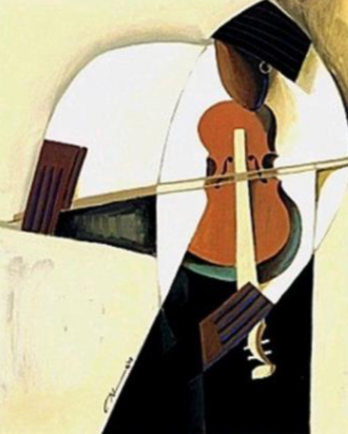 Abstract art depicting a person playing a cello with geometric shapes.