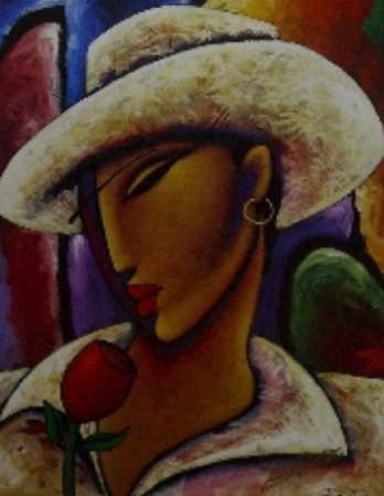 Abstract portrait of a person wearing a wide-brimmed hat with a bird and rose.