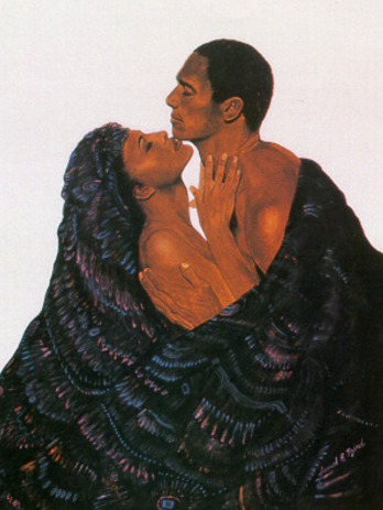 A passionate embrace between a man and a woman with flowing, dark hair.