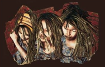 Three people with dreadlocks, close together, looking down.