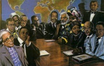 A group of African American leaders and historical figures gathered around a table.