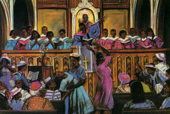 A vibrant church choir singing joyfully during a service.