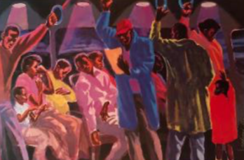 Colorful abstract painting of people in dynamic poses.